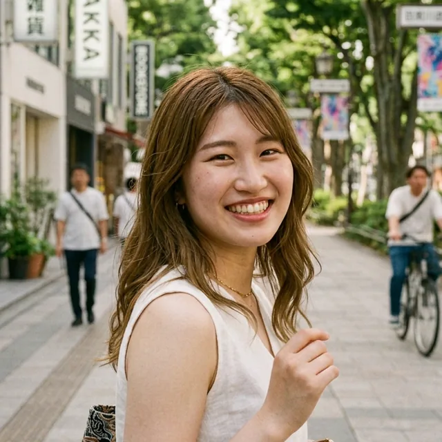 渋谷の街で撮影したマッチングアプリ用プロフィール写真の作例。自然な笑顔の女性