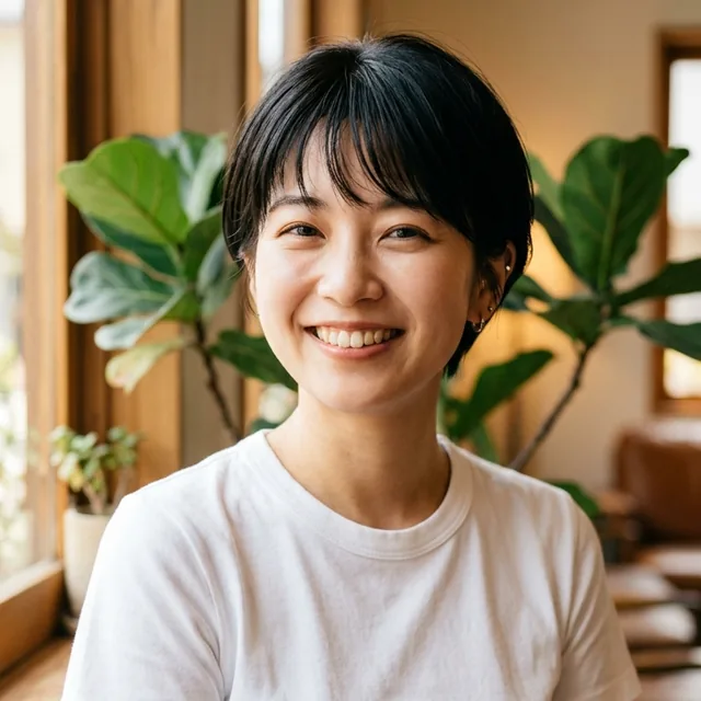 SNSプロフィールアイコン用写真の作例。カフェの自然光で撮影した笑顔のポートレート